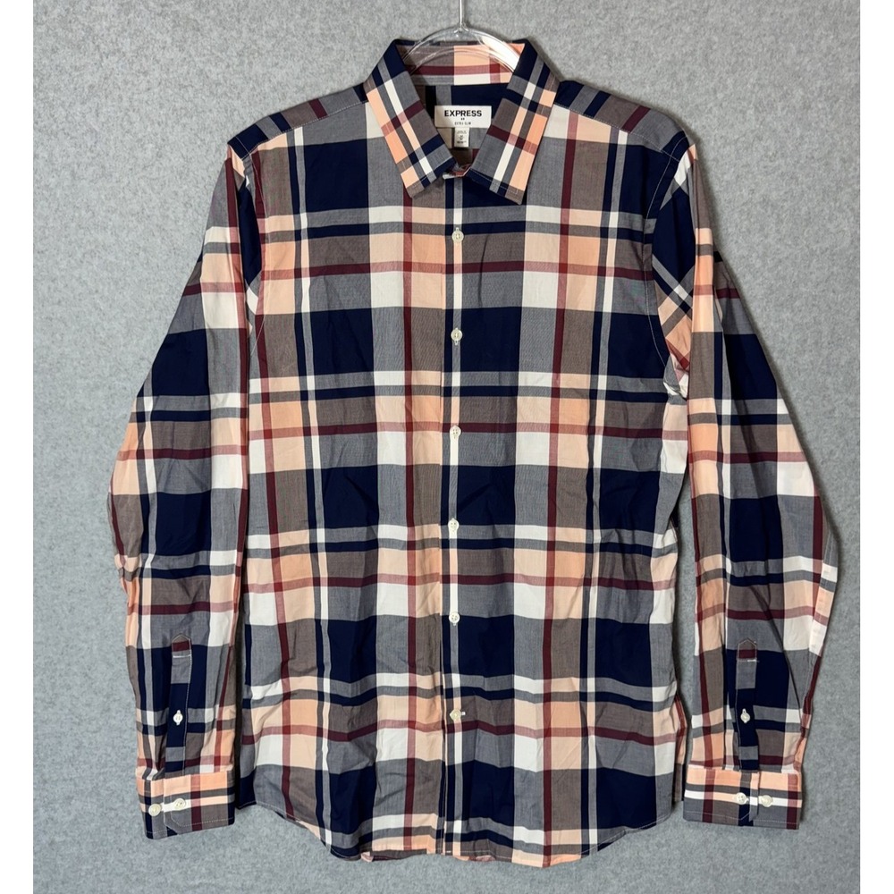 Express Shirt Mens Medium Blue Orange Plaid Extra Slim Button Down‎ Long Sleeve